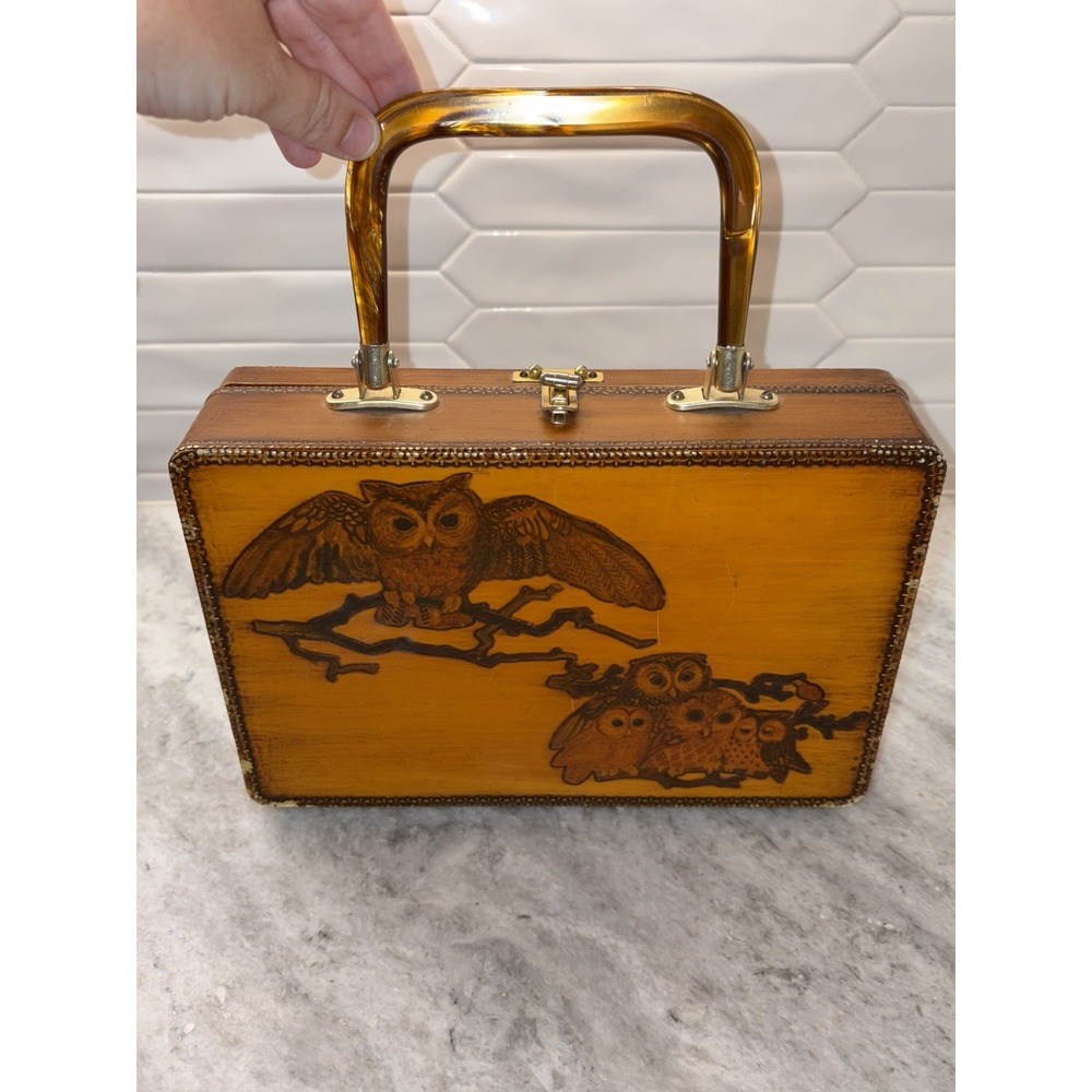 Vintage Wooden Box Purse Owl Mirror Amber Handle Scratches